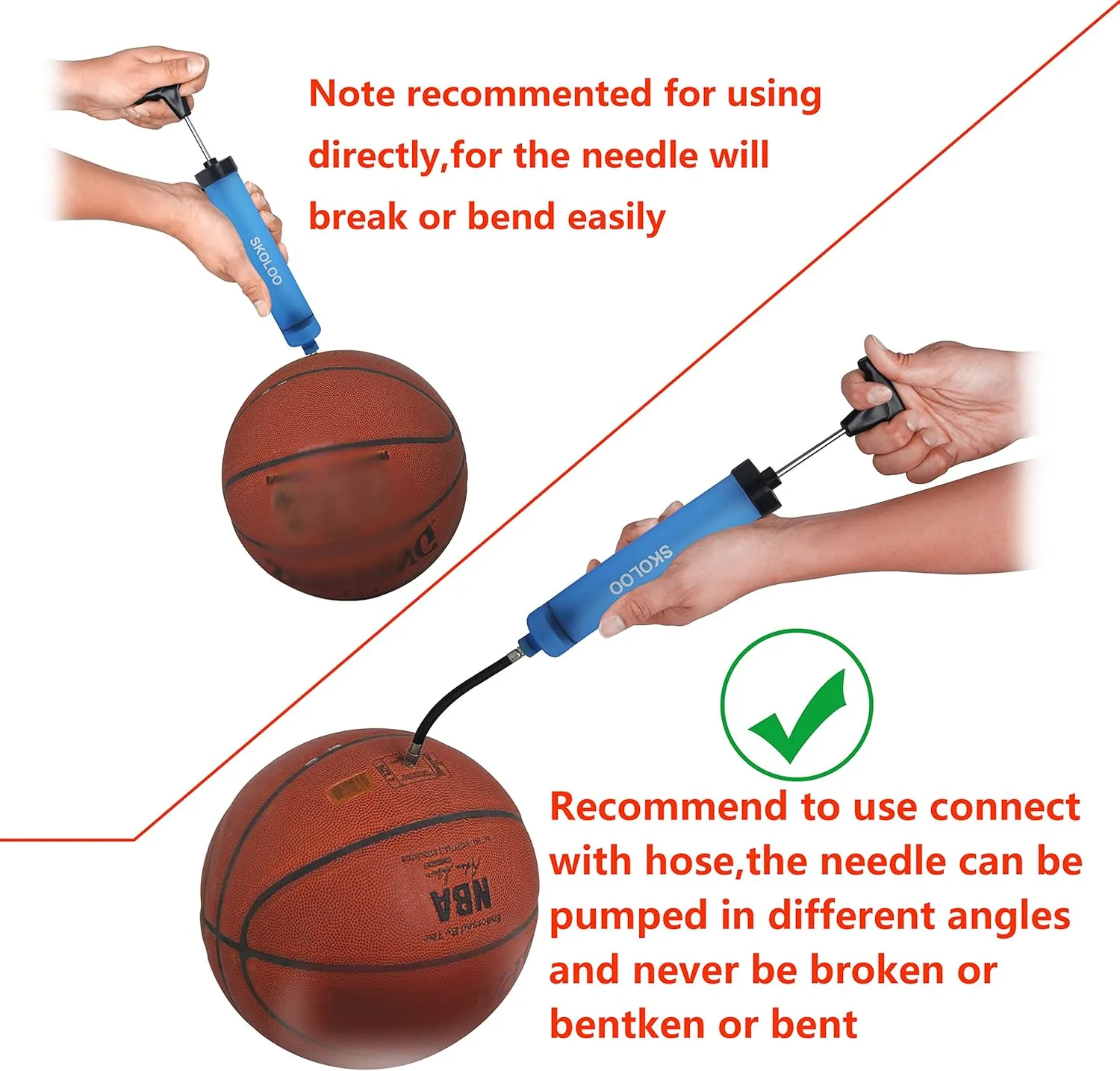 SKOLOO 10" Portable Hand Air Ball Pump Inflator Kit with Needle, Nozzle, Extension Hose for Soccer Basketball Football Volleyball Water Polo Rugby Exercise Sports Ball Balloon Swim Inflatables