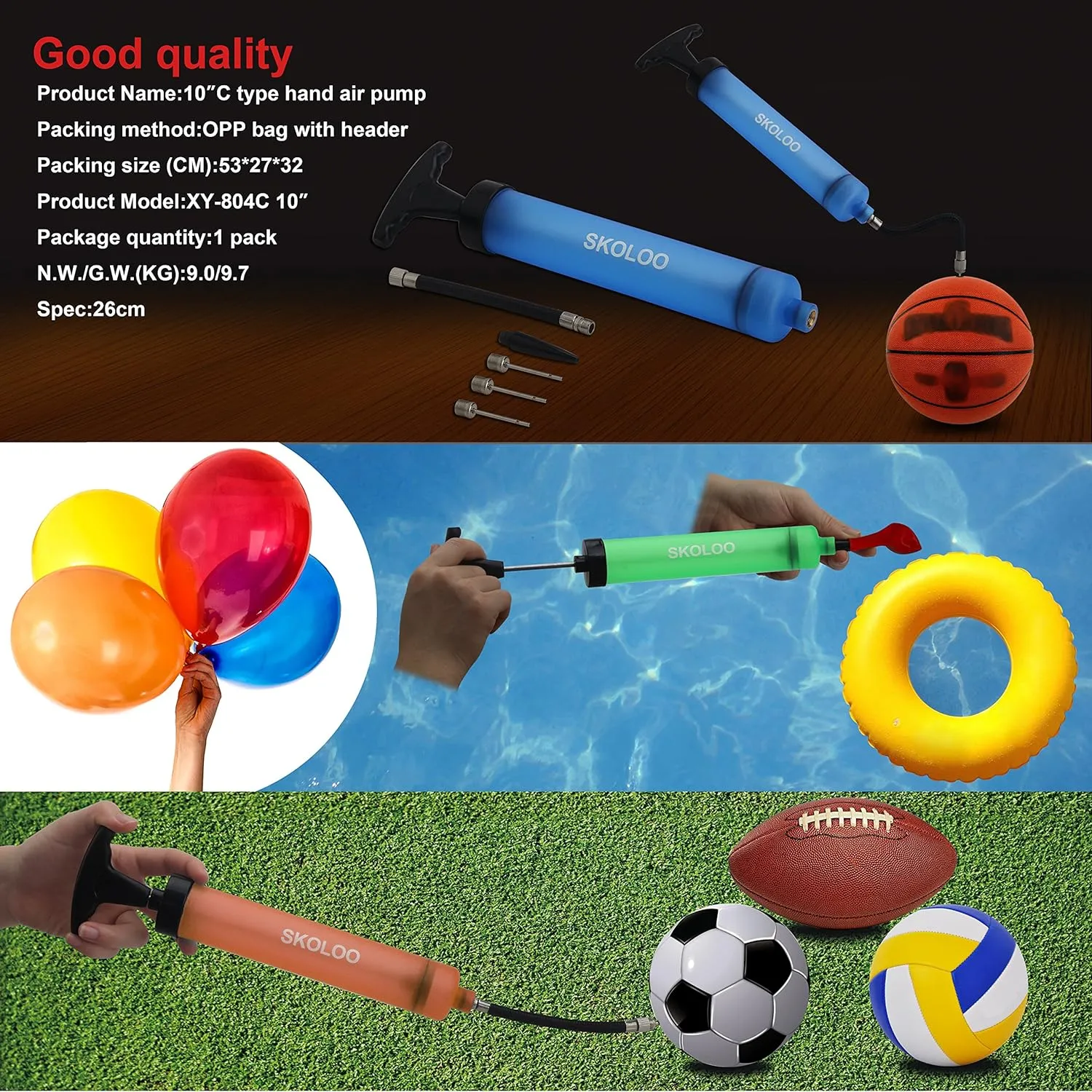 SKOLOO 10" Portable Hand Air Ball Pump Inflator Kit with Needle, Nozzle, Extension Hose for Soccer Basketball Football Volleyball Water Polo Rugby Exercise Sports Ball Balloon Swim Inflatables