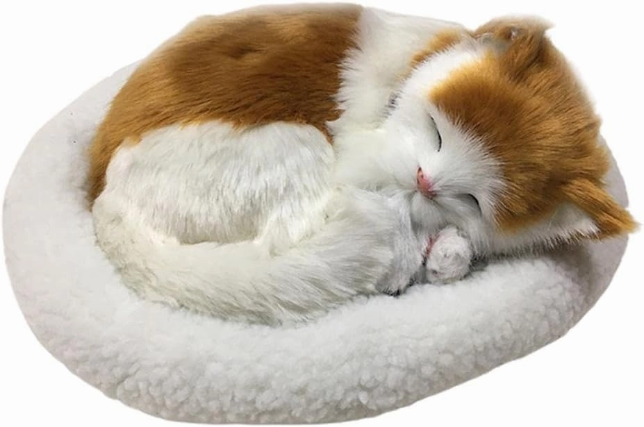 Sleeping Toy Cat, Breathing Cuddly Cats Stuffed Animal Doll with Soft Mat Bed and Simulated Sound, Stuffed Plush Toys,Purring Cat Toys for Kids Home Ornament (A)