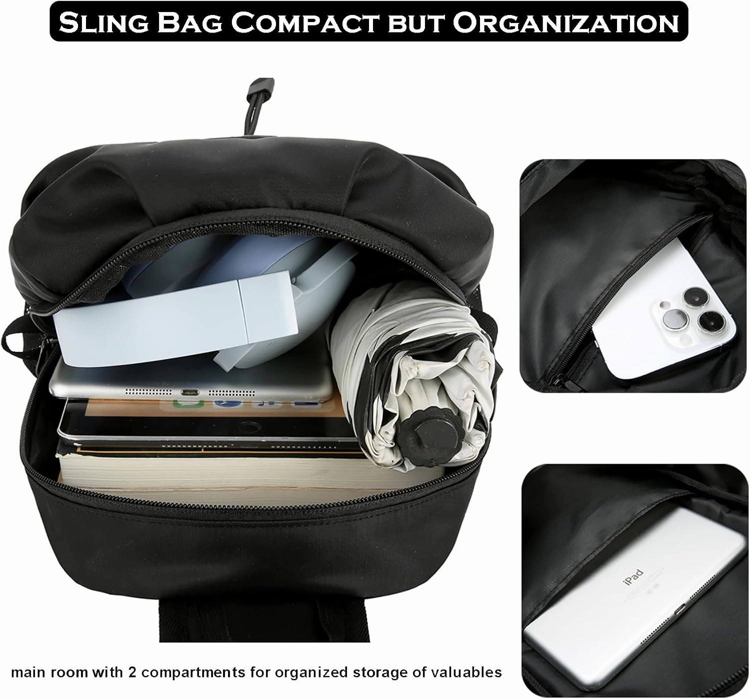 Sling Bag for Men Chest Bag with Bottle Pocket Crossbody Backpack Small Shoulder Bag for Casual Travel Hiking (Black)