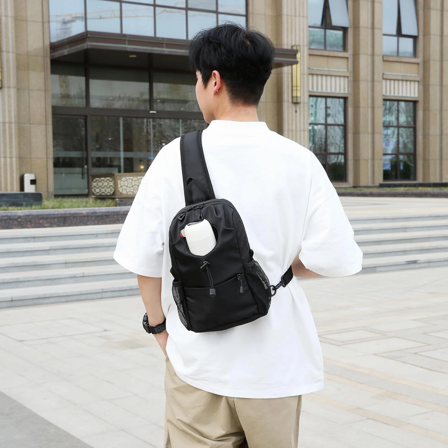 Sling Bag for Men Chest Bag with Bottle Pocket Crossbody Backpack Small Shoulder Bag for Casual Travel Hiking (Black)