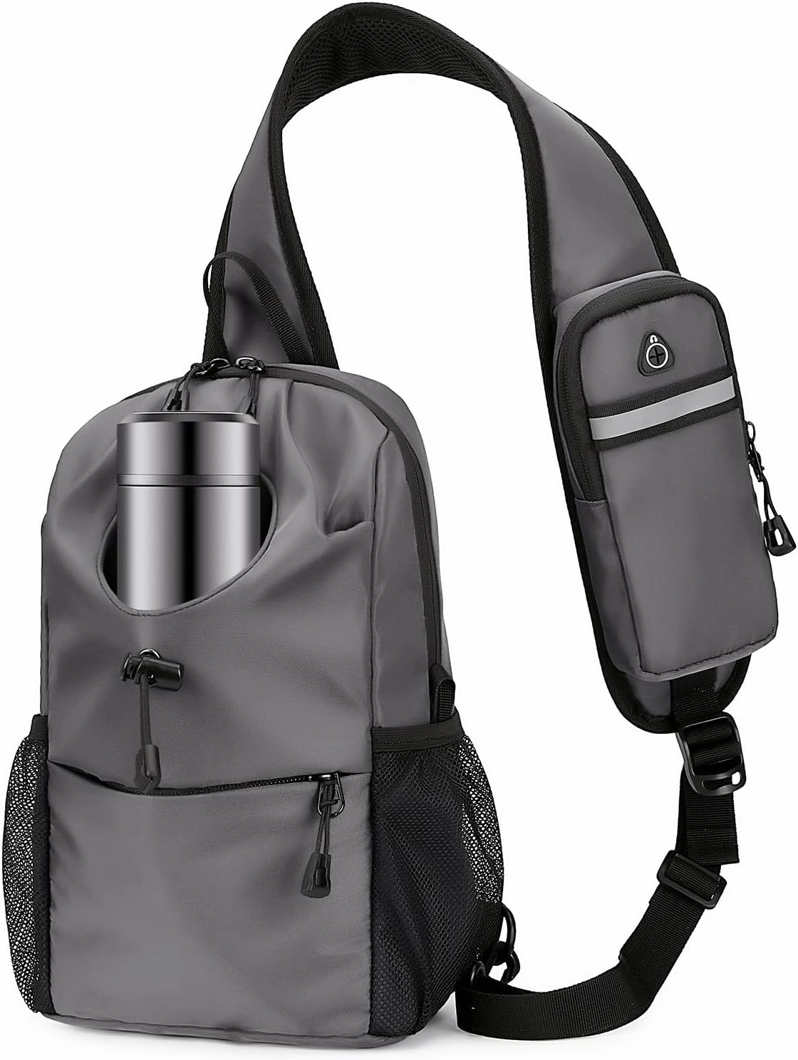 Sling Bag for Men Chest Bag with Bottle Pocket Crossbody Backpack Small Shoulder Bag for Casual Travel Hiking (Gray)