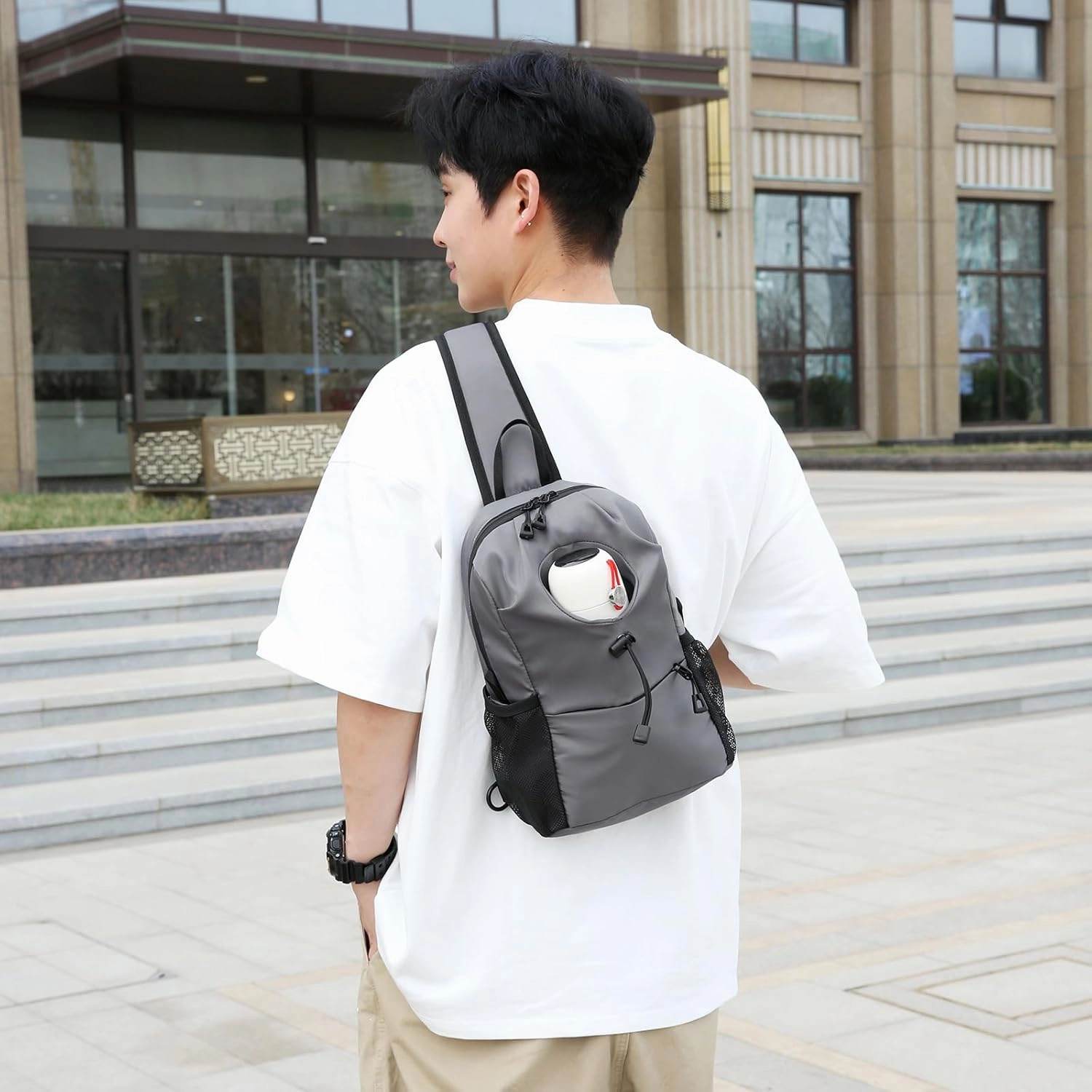 Sling Bag for Men Chest Bag with Bottle Pocket Crossbody Backpack Small Shoulder Bag for Casual Travel Hiking (Gray)