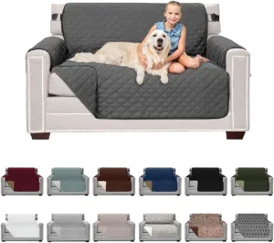 Sofa Shield Loveseat Slip Cover with Patented Strap, Large Cushion Protector, Reversible Stain and Dog Tear Resistant Slipcover, Quilted Microfiber 54in Seat, Washable Covers for Dogs Pets, Charcoal
