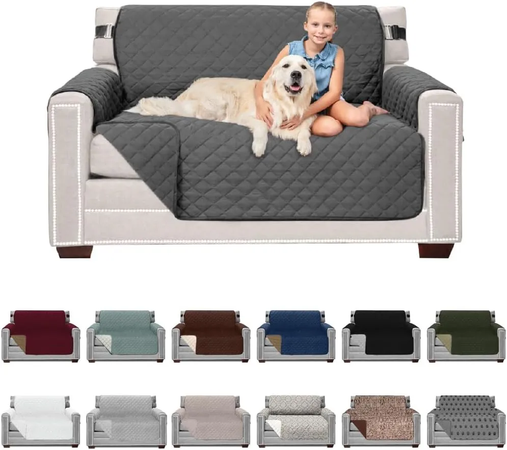 Sofa Shield Loveseat Slip Cover with Patented Strap, Large Cushion Protector, Reversible Stain and Dog Tear Resistant Slipcover, Quilted Microfiber 54in Seat, Washable Covers for Dogs Pets, Charcoal
