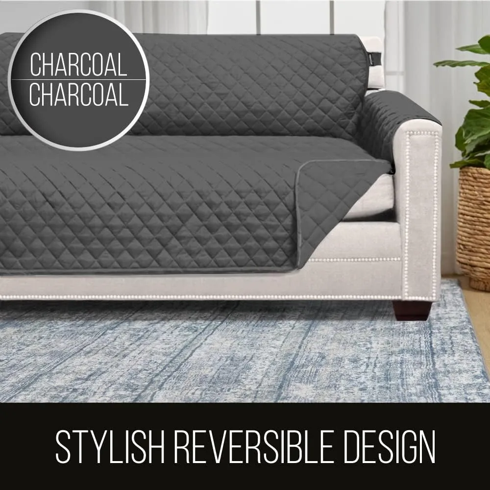 Sofa Shield Loveseat Slip Cover with Patented Strap, Large Cushion Protector, Reversible Stain and Dog Tear Resistant Slipcover, Quilted Microfiber 54in Seat, Washable Covers for Dogs Pets, Charcoal