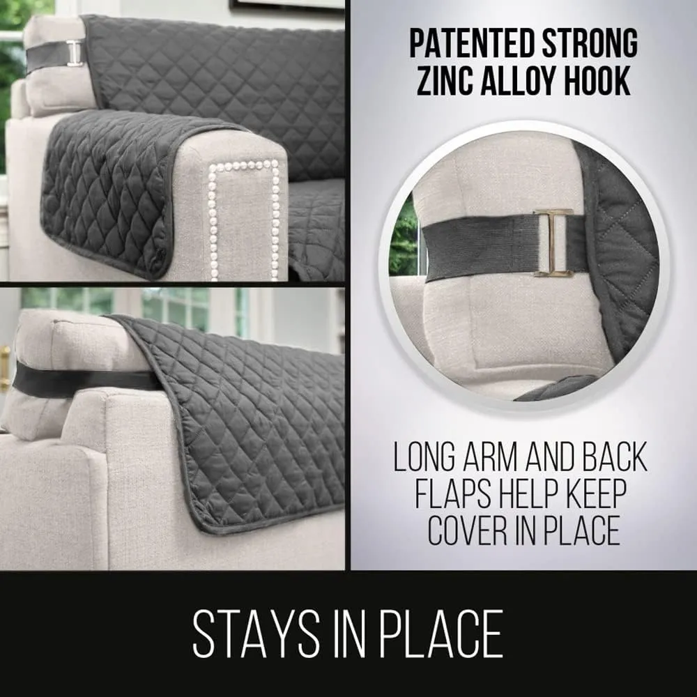 Sofa Shield Loveseat Slip Cover with Patented Strap, Large Cushion Protector, Reversible Stain and Dog Tear Resistant Slipcover, Quilted Microfiber 54in Seat, Washable Covers for Dogs Pets, Charcoal
