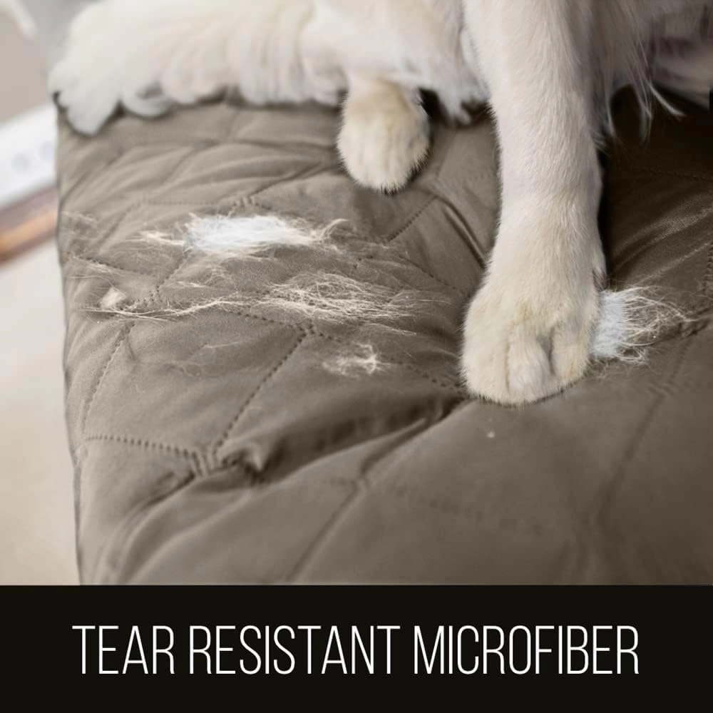 Sofa Shield Chair Slip Cover with Patented Strap, Cushion Protector, Reversible Stain and Dog Tear Resistant Slipcover, Quilted Microfiber 23in Seat, Washable Covers for Dogs Pets Kids, Latte Linen