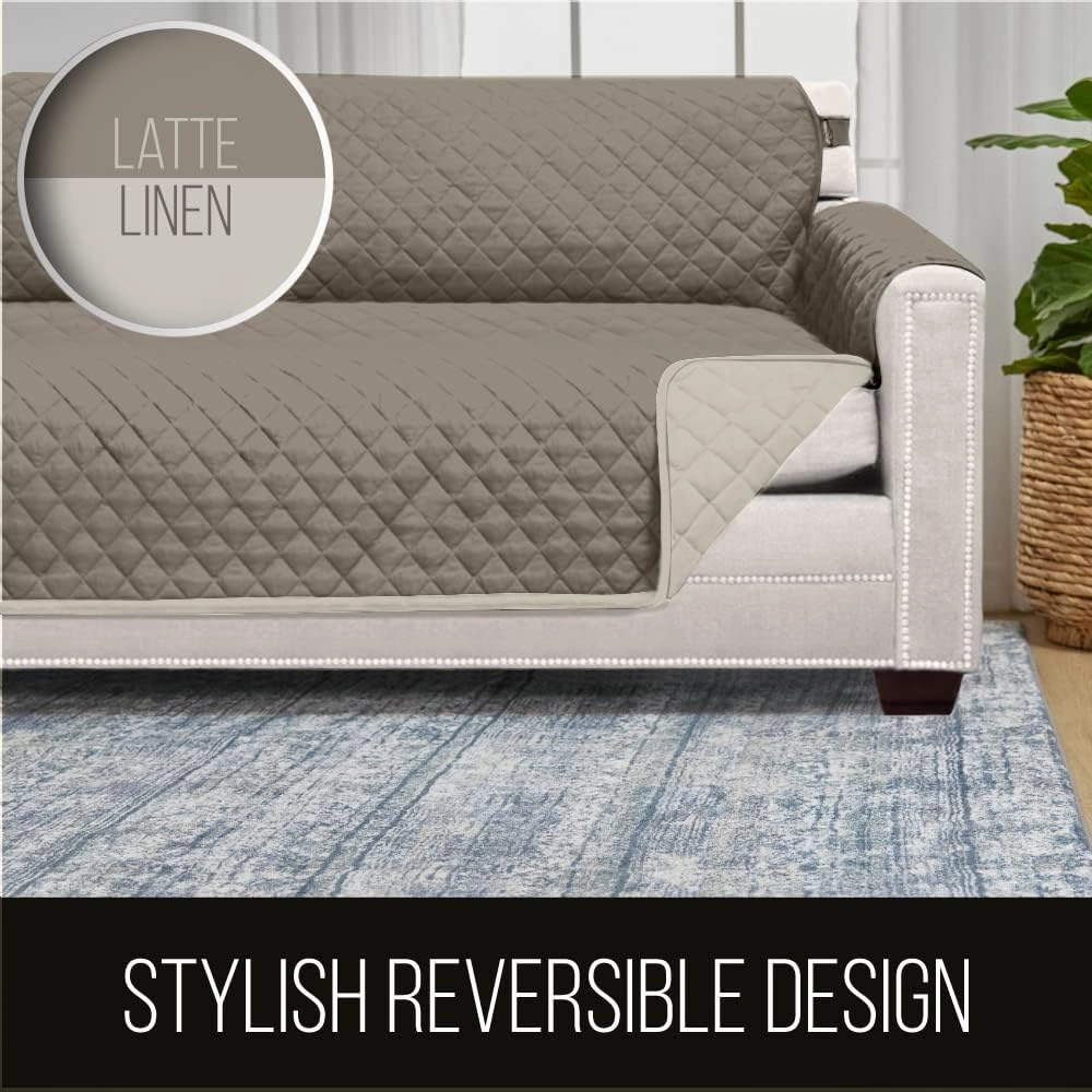 Sofa Shield Chair Slip Cover with Patented Strap, Cushion Protector, Reversible Stain and Dog Tear Resistant Slipcover, Quilted Microfiber 23in Seat, Washable Covers for Dogs Pets Kids, Latte Linen