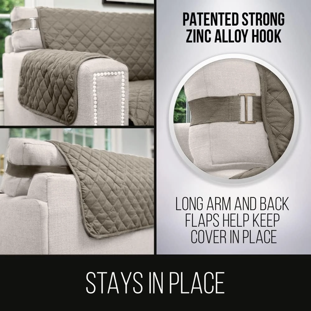 Sofa Shield Chair Slip Cover with Patented Strap, Cushion Protector, Reversible Stain and Dog Tear Resistant Slipcover, Quilted Microfiber 23in Seat, Washable Covers for Dogs Pets Kids, Latte Linen