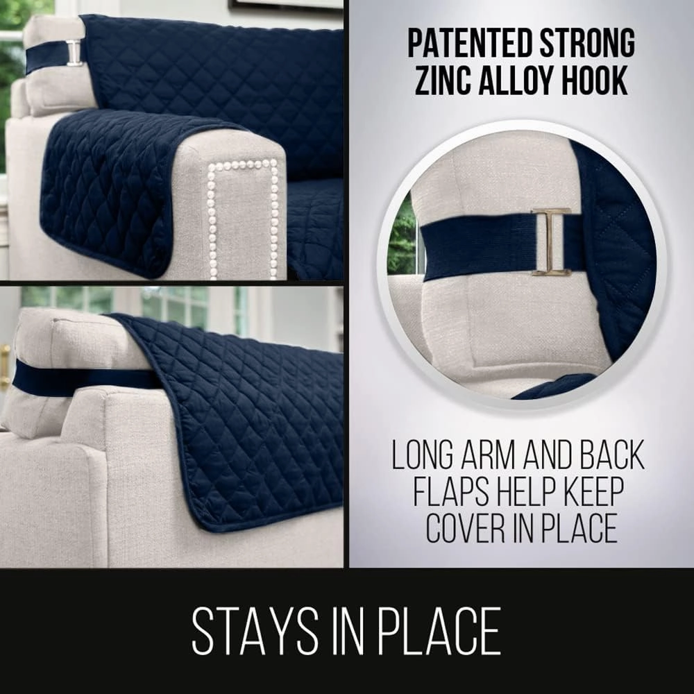 Sofa Shield Couch Slip Cover with Patented Strap, Large Cushion Protector, Reversible Stain and Dog Tear Resistant Slipcover, Quilted Microfiber 78in Seat, Washable Covers for Dogs Pets, Navy Sand