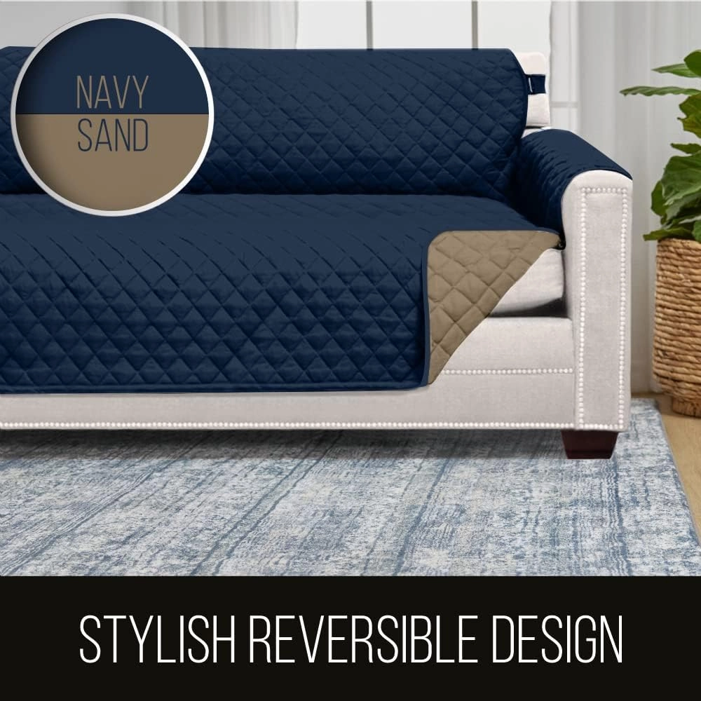 Sofa Shield Couch Slip Cover with Patented Strap, Large Cushion Protector, Reversible Stain and Dog Tear Resistant Slipcover, Quilted Microfiber 78in Seat, Washable Covers for Dogs Pets, Navy Sand
