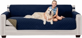 Sofa Shield Couch Slip Cover with Patented Strap, Large Cushion Protector, Reversible Stain and Dog Tear Resistant Slipcover, Quilted Microfiber 78in Seat, Washable Covers for Dogs Pets, Navy Sand