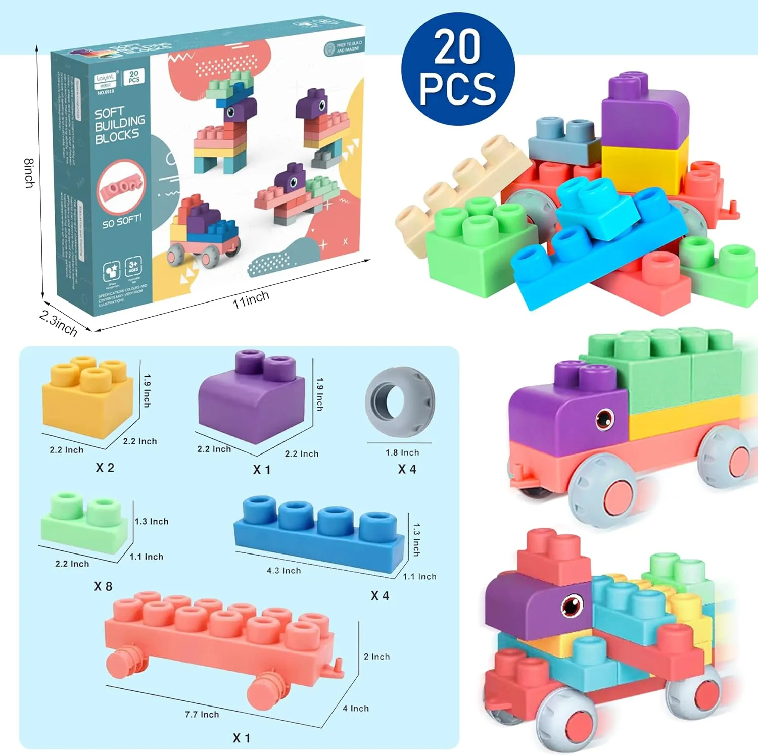 Soft Building Blocks for Toddler, Blocks for Kids 6 Months and up, Large Creative Stacking Blocks 20 PCS STEM Blocks, Toddler Stacking Toy Gifts Colorful Soft Block Sets