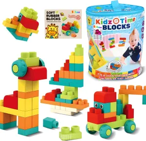 Soft Building Blocks STEM Montessori Preschool Learning Stacking Sensory Toys, Large Construction Block Set, Rubber Blocks 12-18 Months Block Bag with 42 Pieces and Storage