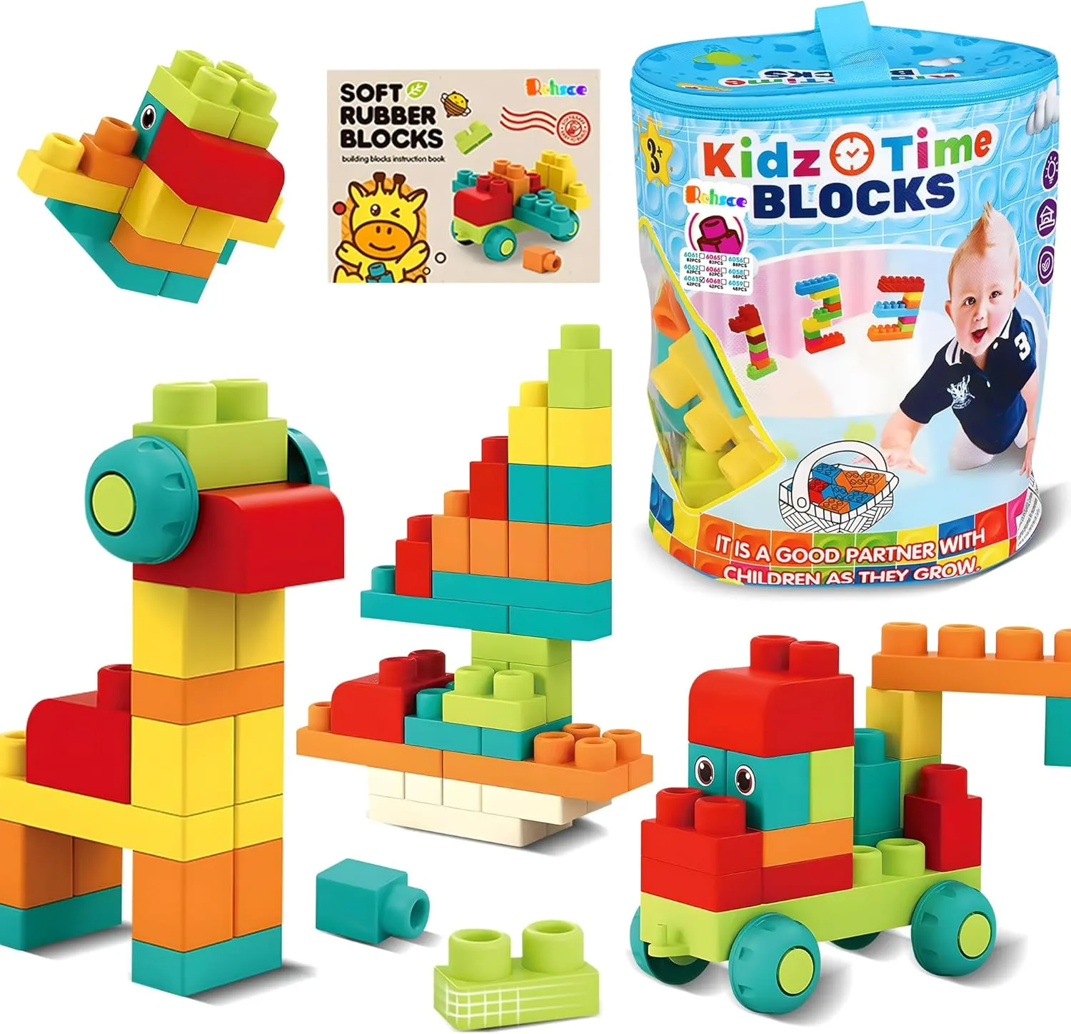 Soft Building Blocks STEM Montessori Preschool Learning Stacking Sensory Toys, Large Construction Block Set, Rubber Blocks 12-18 Months Block Bag with 42 Pieces and Storage