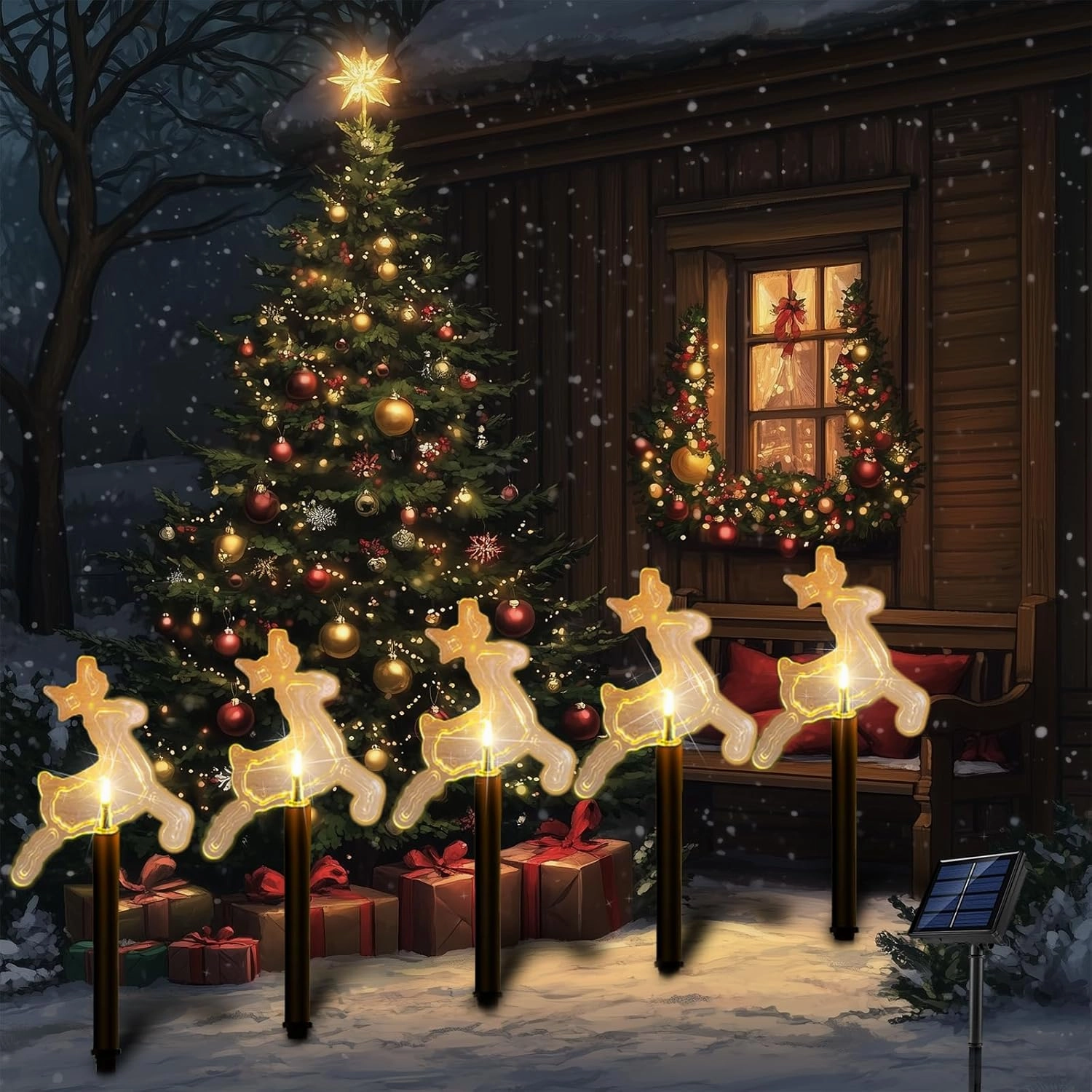 Solar Christmas Pathway Lights Outdoor, Set of 5 Waterproof Solar Stake Christmas Decor LED Lights Landscape Walkway Lights for Garden Yard Lawn Wedding Party Christmas Patio(Warm White Deer)