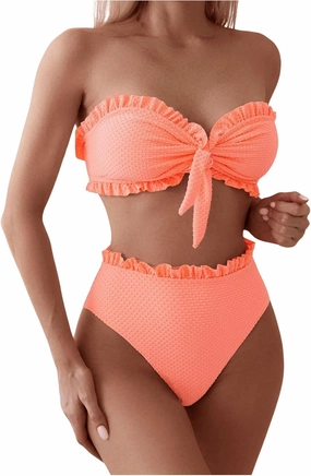 SOLY HUX Women's Ruffle Strapless Bikini Set 2 Piece Bandeau Swimsuit High Waist Bathing Suits