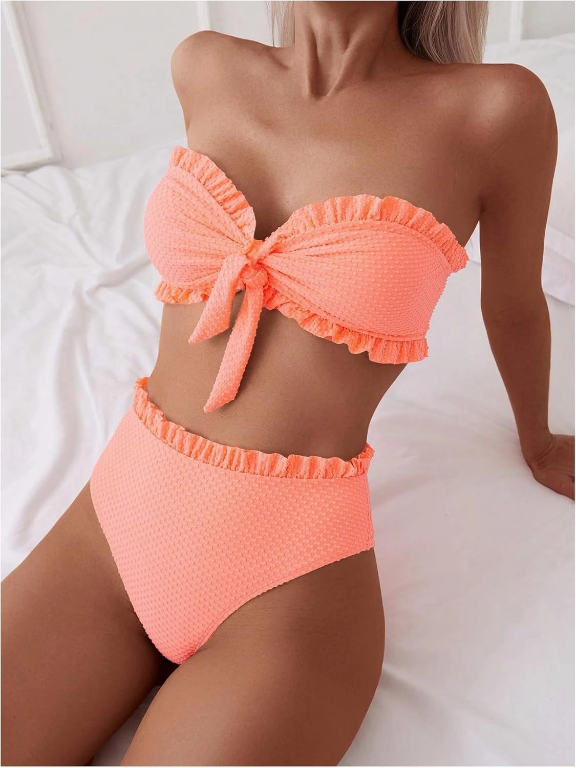 SOLY HUX Women's Ruffle Strapless Bikini Set 2 Piece Bandeau Swimsuit High Waist Bathing Suits
