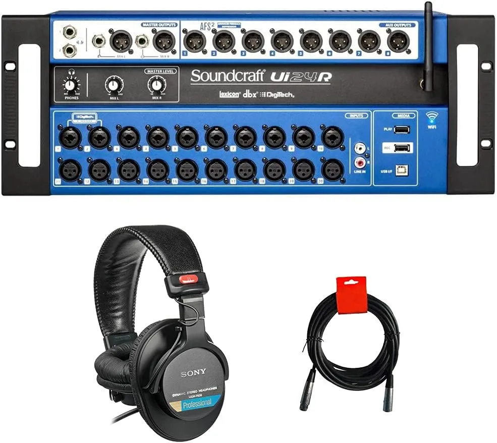 Soundcraft Ui24R 24-Channel Digital Mixer/Multitrack USB Recorder Bundle with Sony MDR-7506 Headphones and XLR Cable