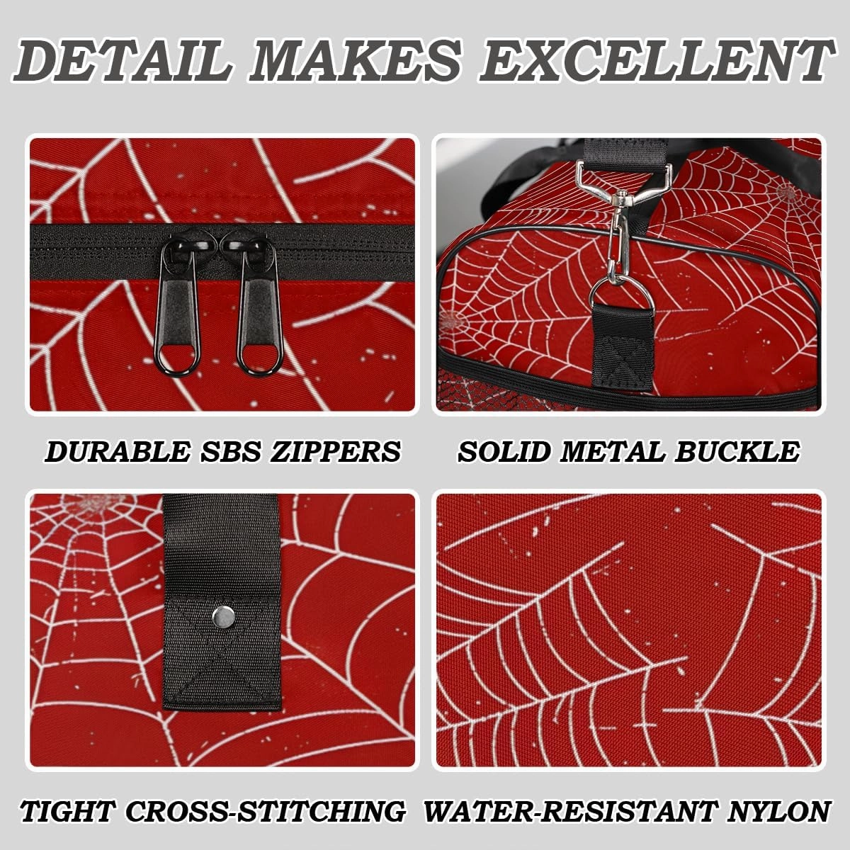 Spiders Web Travel Duffle Bag for Women Men Foldable Waterproof Weekender Bag Carry on Tote for Overnight Sports Gym Red and White