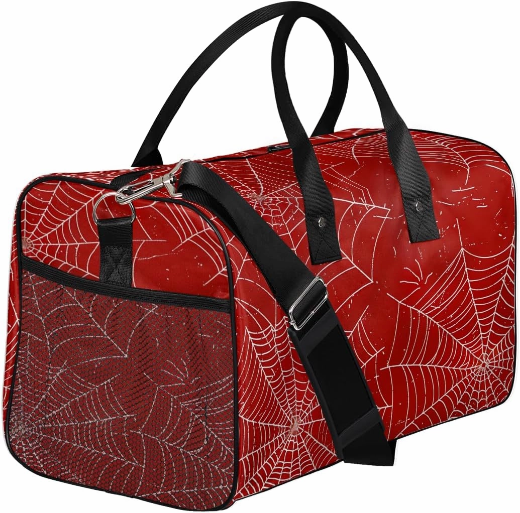 Spiders Web Travel Duffle Bag for Women Men Foldable Waterproof Weekender Bag Carry on Tote for Overnight Sports Gym Red and White