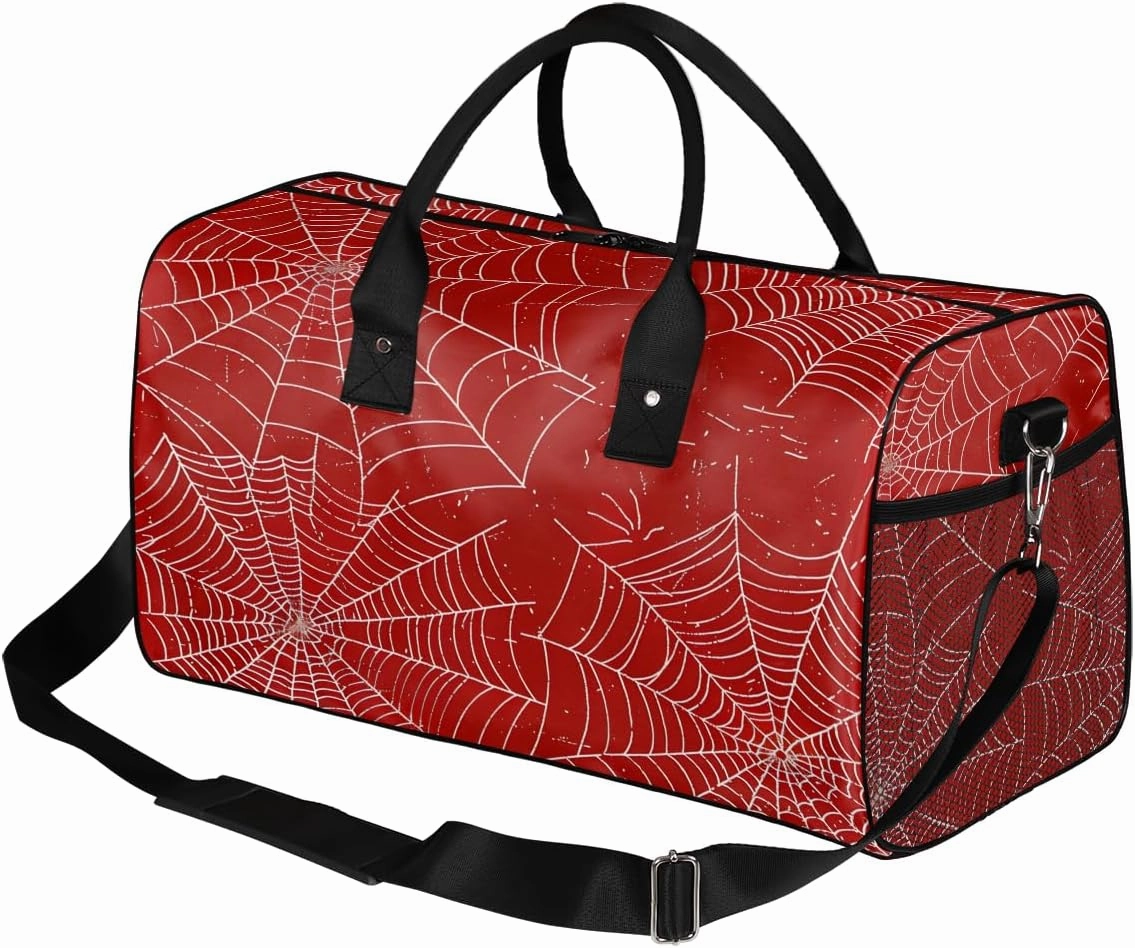 Spiders Web Travel Duffle Bag for Women Men Foldable Waterproof Weekender Bag Carry on Tote for Overnight Sports Gym Red and White