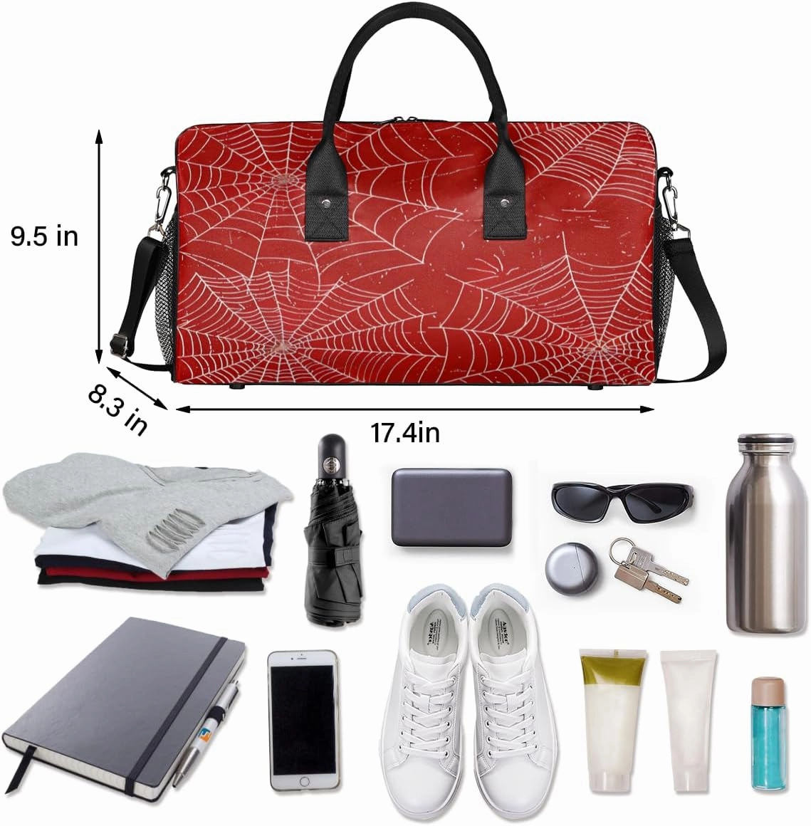 Spiders Web Travel Duffle Bag for Women Men Foldable Waterproof Weekender Bag Carry on Tote for Overnight Sports Gym Red and White