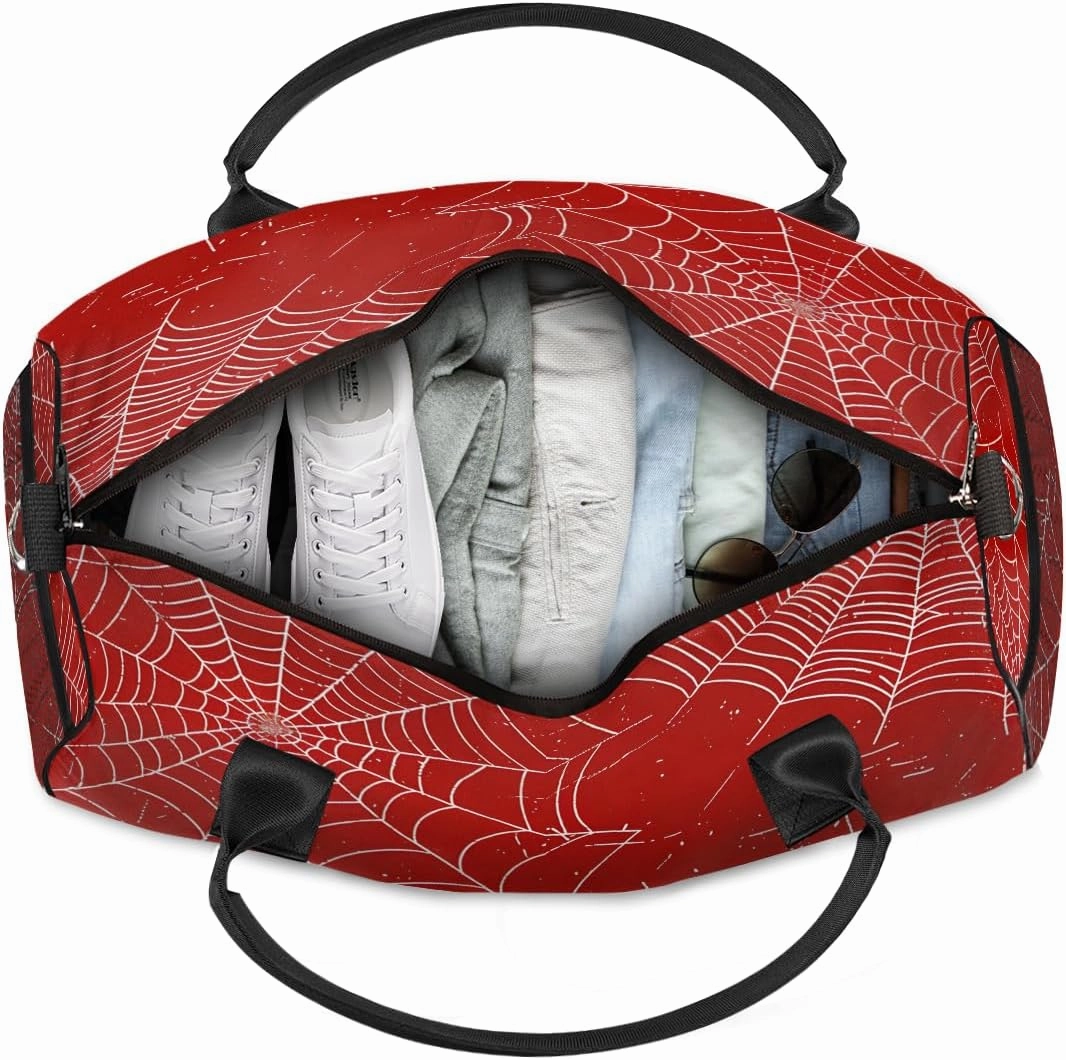 Spiders Web Travel Duffle Bag for Women Men Foldable Waterproof Weekender Bag Carry on Tote for Overnight Sports Gym Red and White