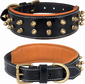 Spiked Leather Dog Collar – 1.75" Wide Full Grain Bridle Leather, Heavy Duty, Padded & Adjustable - for Medium Breeds (M (Fit Neck 14.5"-18.5"), Black with Gold Spikes)