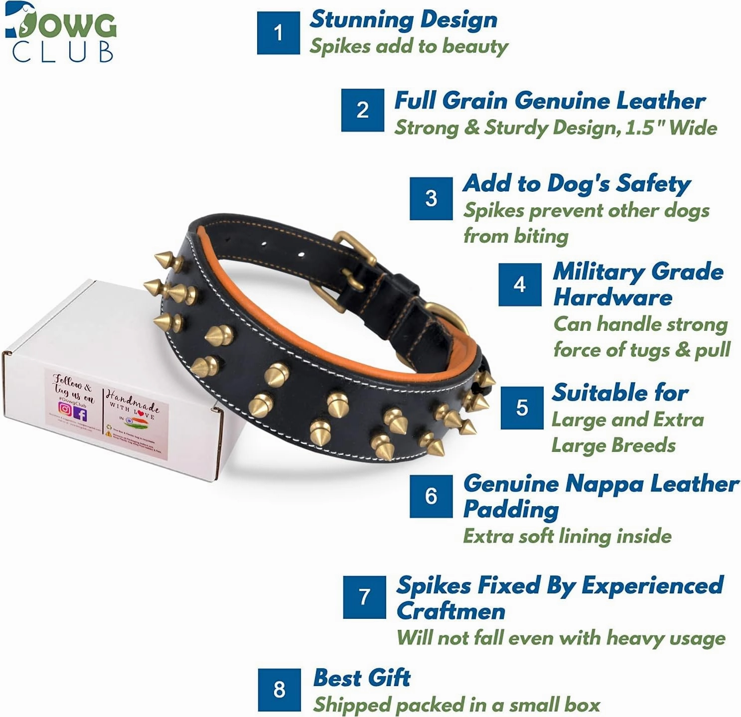 Spiked Leather Dog Collar – 1.75" Wide Full Grain Bridle Leather, Heavy Duty, Padded & Adjustable - for Medium Breeds (M (Fit Neck 14.5"-18.5"), Black with Gold Spikes)
