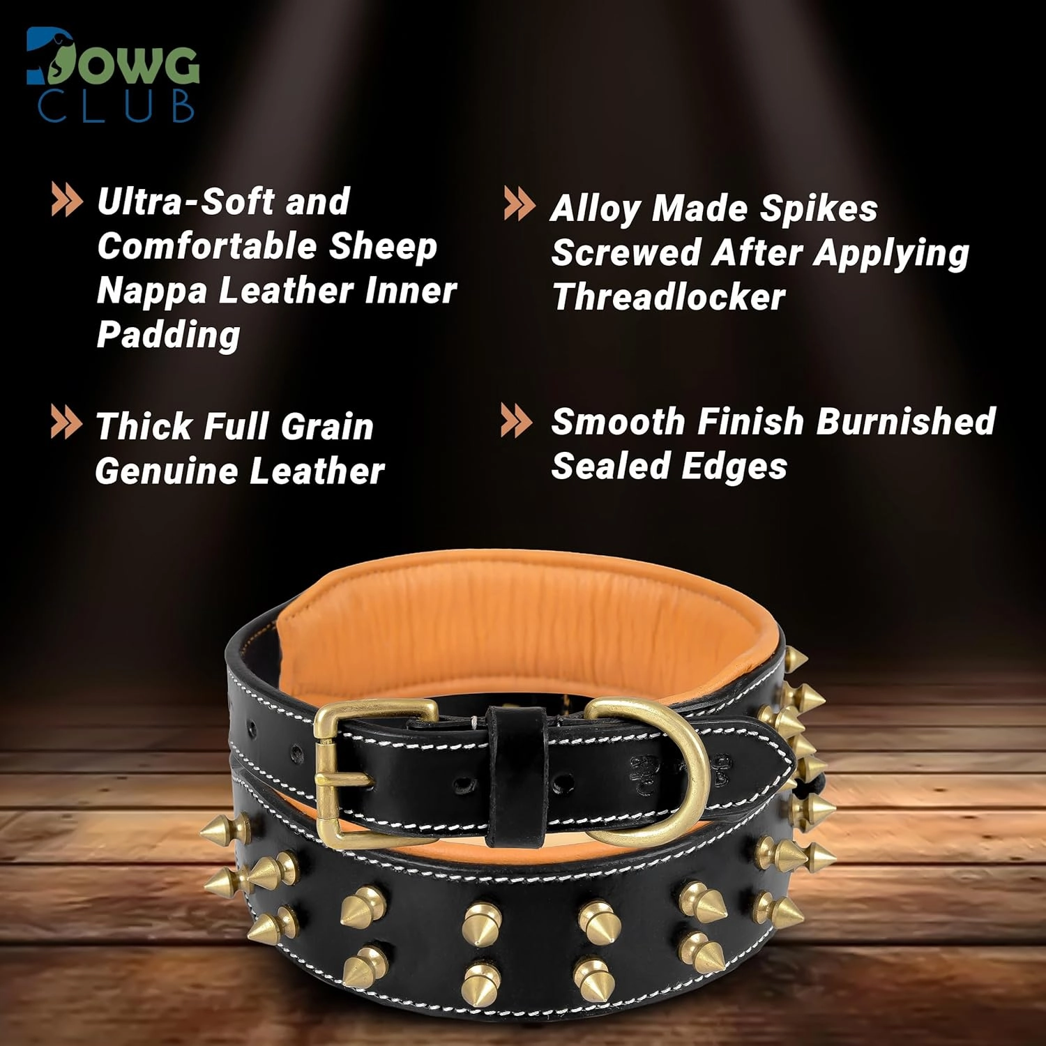 Spiked Leather Dog Collar – 1.75" Wide Full Grain Bridle Leather, Heavy Duty, Padded & Adjustable - for Medium Breeds (M (Fit Neck 14.5"-18.5"), Black with Gold Spikes)