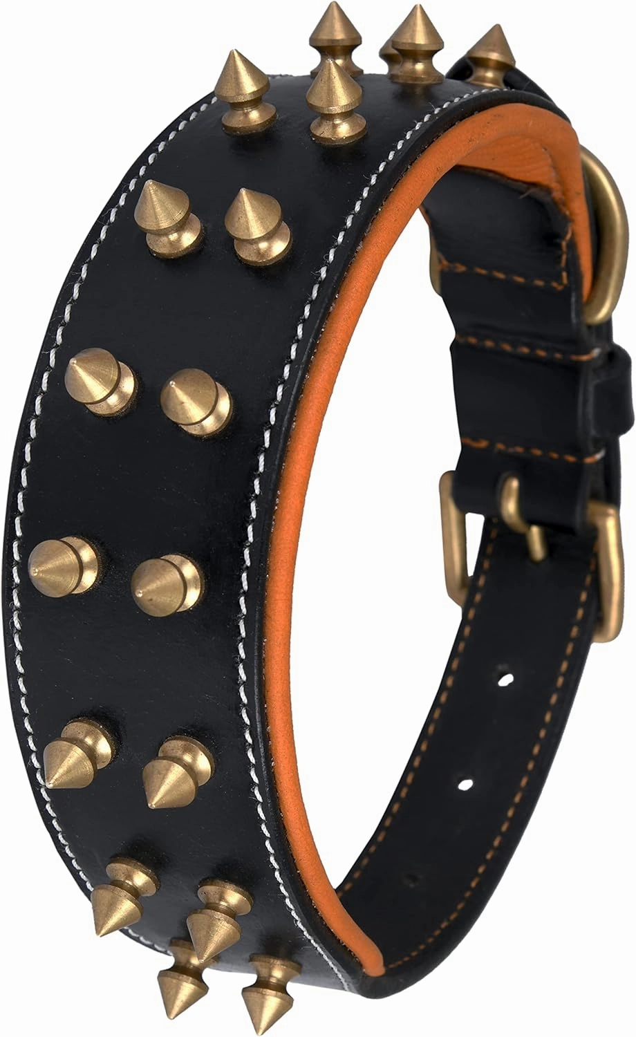Spiked Leather Dog Collar – 1.75" Wide Full Grain Bridle Leather, Heavy Duty, Padded & Adjustable - for Medium Breeds (M (Fit Neck 14.5"-18.5"), Black with Gold Spikes)