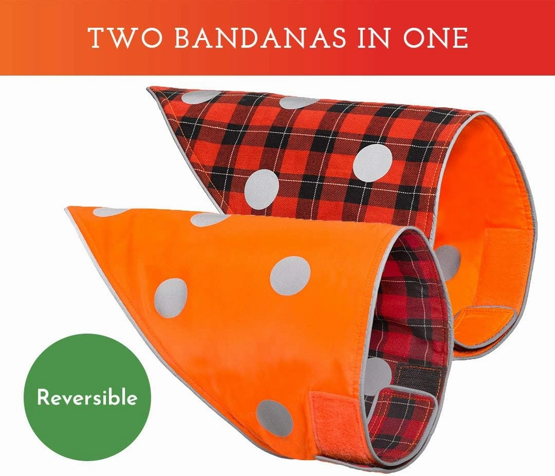 SPOT THE DOG! Reflective Dog Bandanas - Reversible High Visibility Safety Dog Accessories for Small, Large Dogs, Collar, Scarf, Bib Gear for Hunting, Walking at Night (Blaze Orange, Red Plaid, M-L)