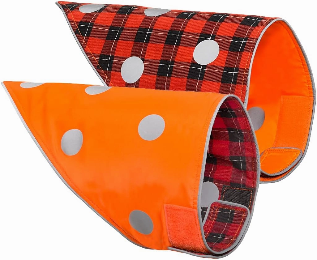 SPOT THE DOG! Reflective Dog Bandanas - Reversible High Visibility Safety Dog Accessories for Small, Large Dogs, Collar, Scarf, Bib Gear for Hunting, Walking at Night (Blaze Orange, Red Plaid, M-L)