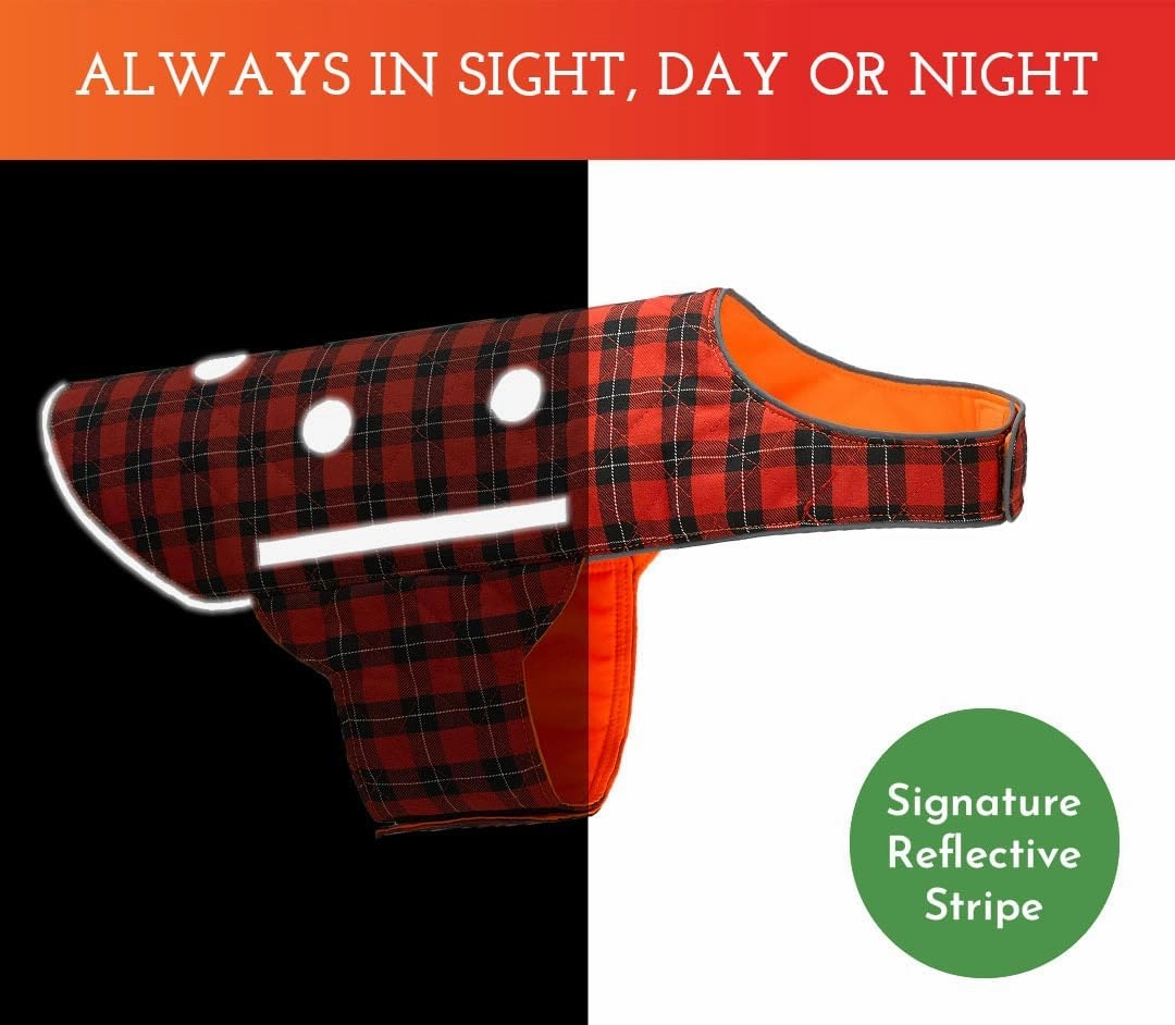 SPOT THE DOG! Reflective Dog Vest - Adjustable Safety Vest, High Visibility Fluorescent Apparel for Walking, Hiking & Camping, Hunting, Off Leash (Blaze Orange, Red Plaid, S)