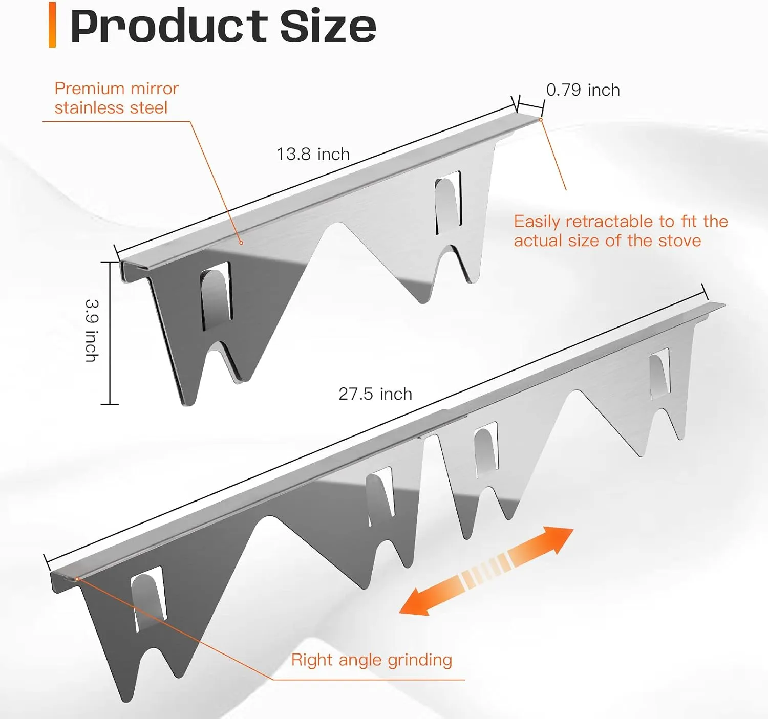 Stainless Steel Stove Gap Covers,Stove Gap Filler, Range Trim Kit, Stove Gap Guards, Heat Resistant and Easy to Clean, Easy retractable Length 13.8" to 27.5", Width 0.79",Silver(2PCS)