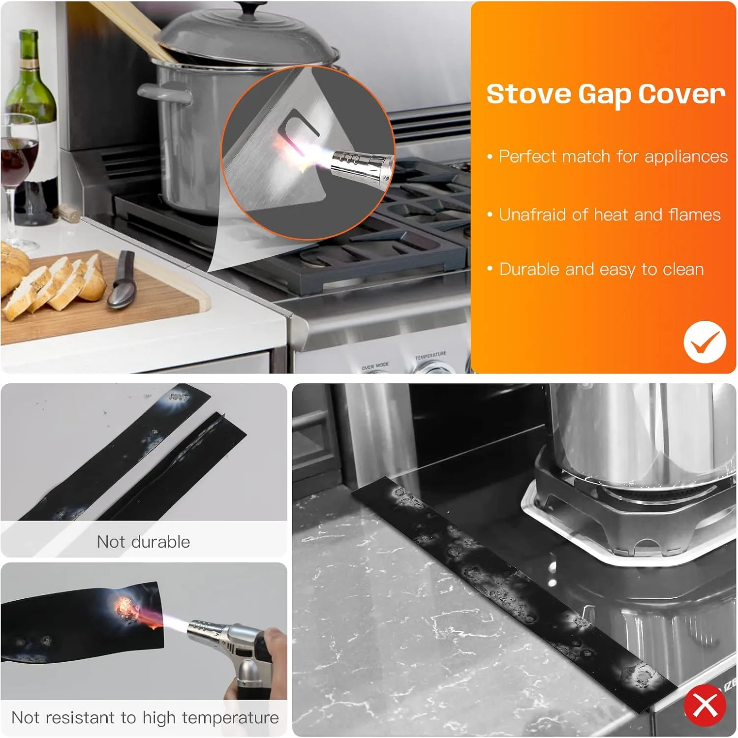 Stainless Steel Stove Gap Covers,Stove Gap Filler, Range Trim Kit, Stove Gap Guards, Heat Resistant and Easy to Clean, Easy retractable Length 13.8" to 27.5", Width 0.79",Silver(2PCS)