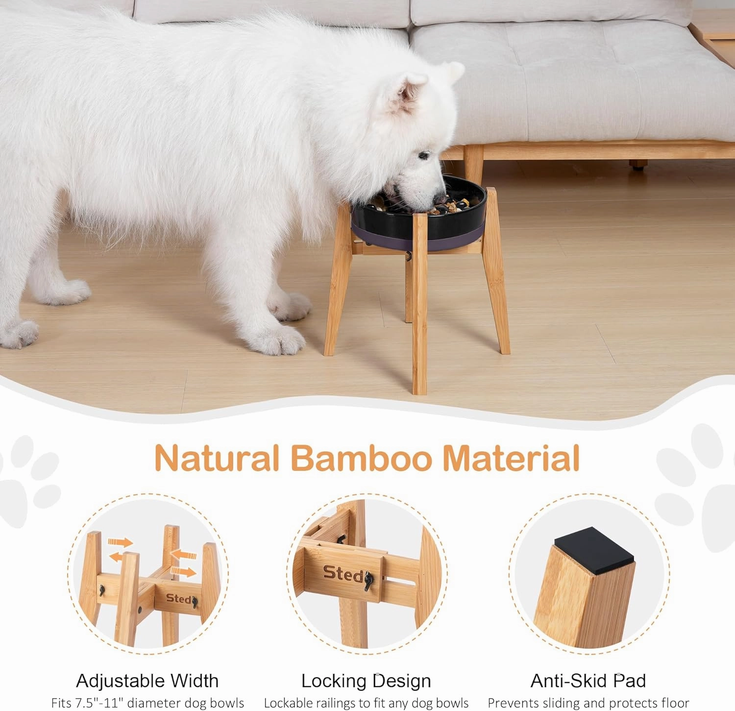 Sted Locking Elevated Dog Bowl Stand for Large Dogs, Adjustable Width 7.5-11 Inches Raised Dog Bowl Stand, 13" Tall Dog Food Bowl Holder, Bamboo Dog Slow Feeder Stand