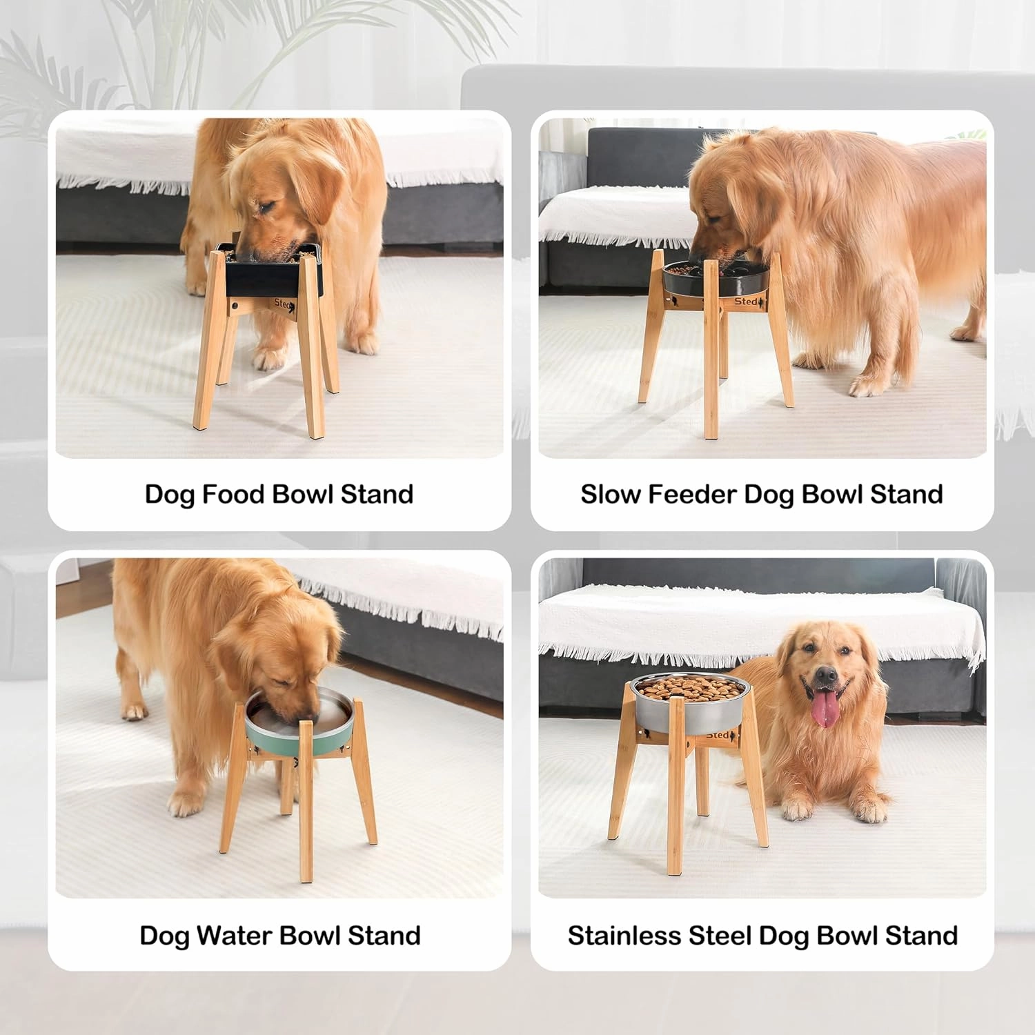 Sted Locking Elevated Dog Bowl Stand for Large Dogs, Adjustable Width 7.5-11 Inches Raised Dog Bowl Stand, 13" Tall Dog Food Bowl Holder, Bamboo Dog Slow Feeder Stand
