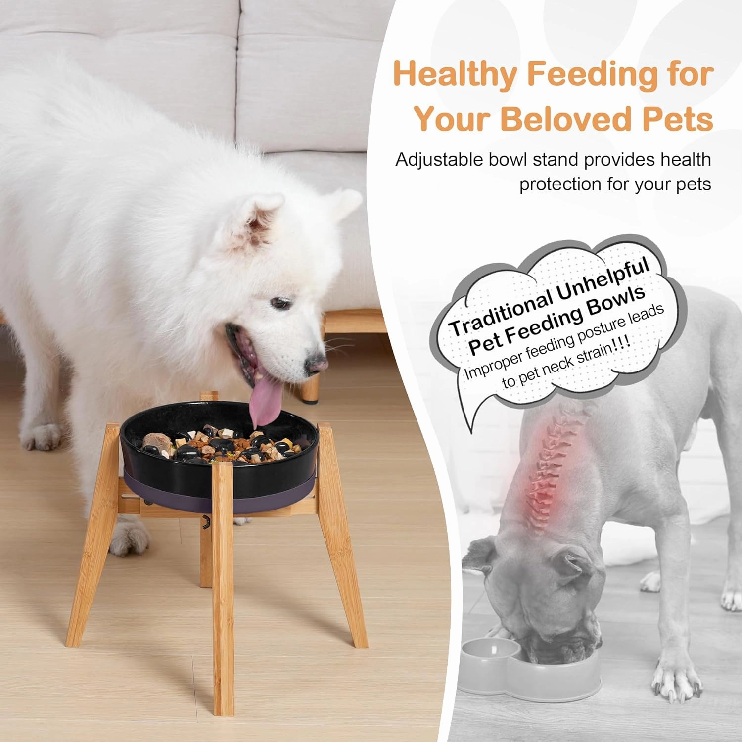 Sted Locking Elevated Dog Bowl Stand for Large Dogs, Adjustable Width 7.5-11 Inches Raised Dog Bowl Stand, 13" Tall Dog Food Bowl Holder, Bamboo Dog Slow Feeder Stand