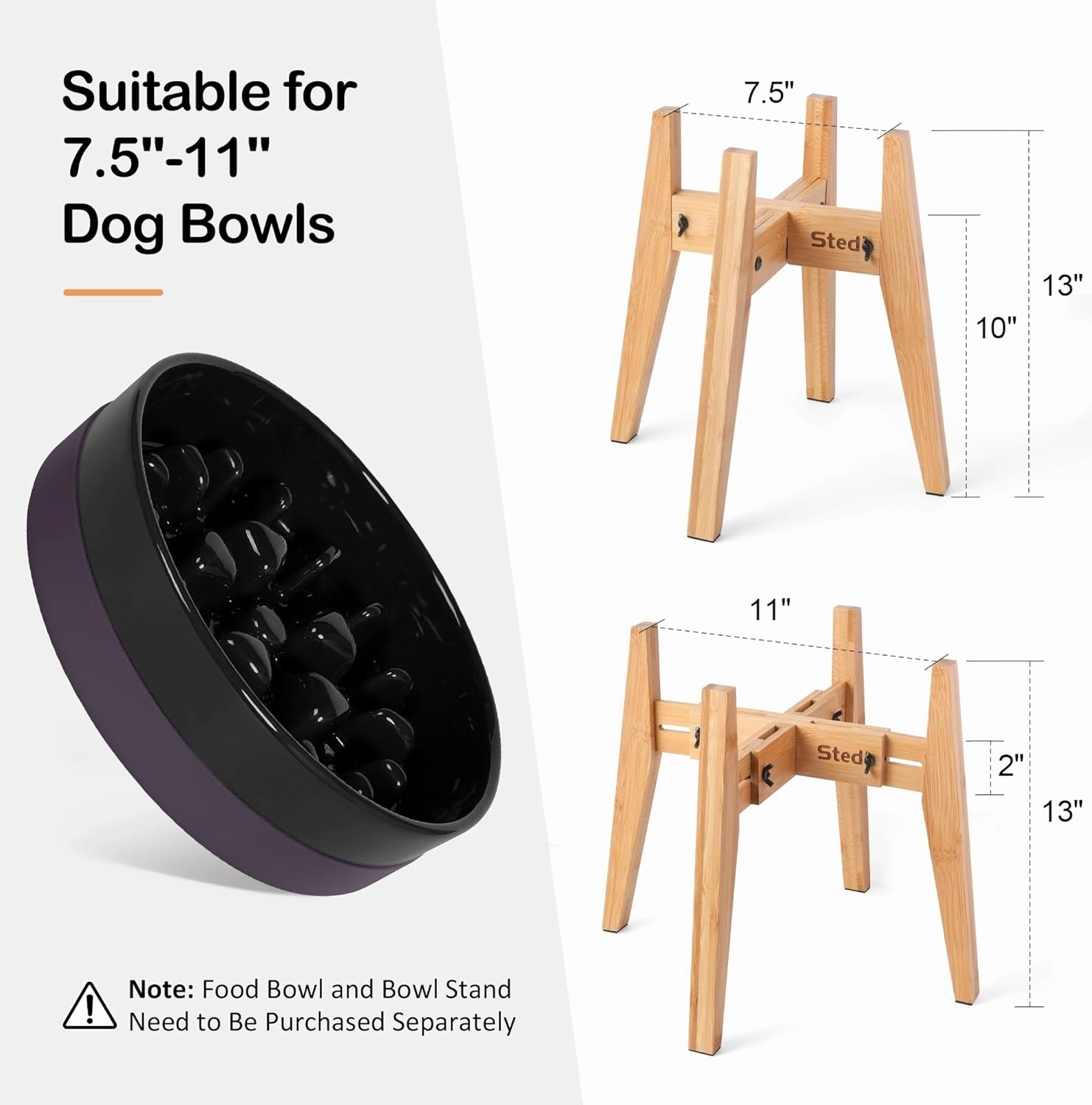 Sted Locking Elevated Dog Bowl Stand for Large Dogs, Adjustable Width 7.5-11 Inches Raised Dog Bowl Stand, 13" Tall Dog Food Bowl Holder, Bamboo Dog Slow Feeder Stand