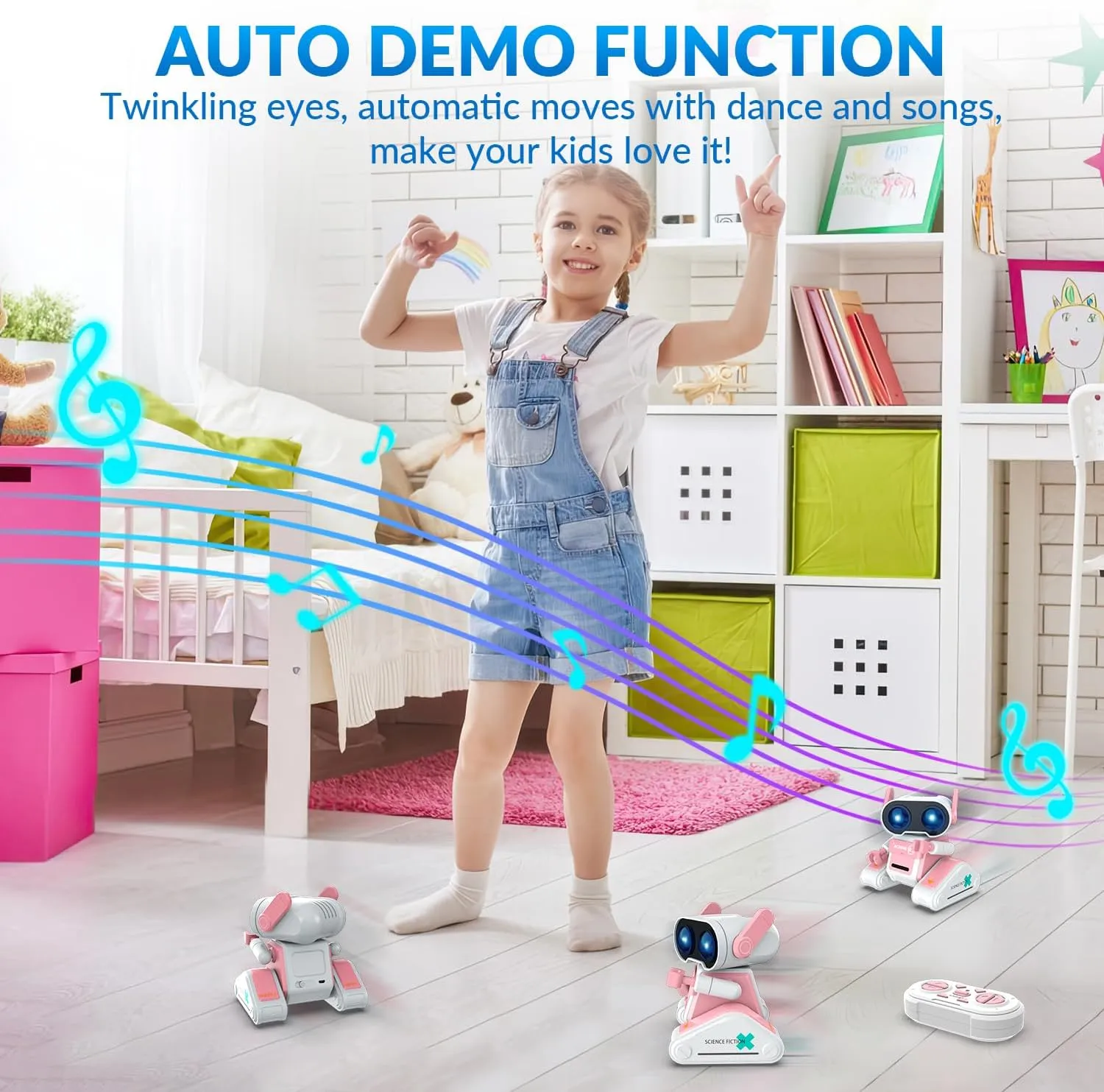 STEMTRON RC Robot Toys for Kids, Rechargeable Remote Control Robot Toy for Boys & Girls, with Auto Demo, Dance Moves, Music, Shining 7 Colors LED Eyes & Flexible Head, Ears & Arms