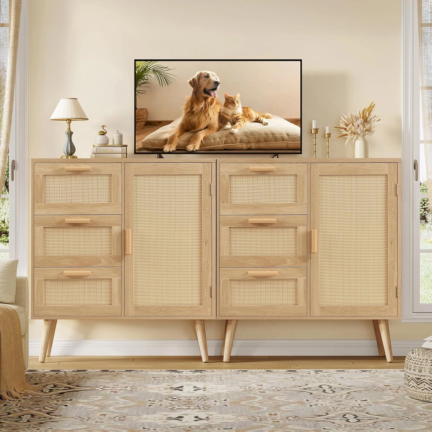 Storage Cabinet with Adjustable Shelf, Rattan Cabinet with 3 Drawers, Freestanding Floor Storage Unit for Living Room, Home Office, Entryway, Natural