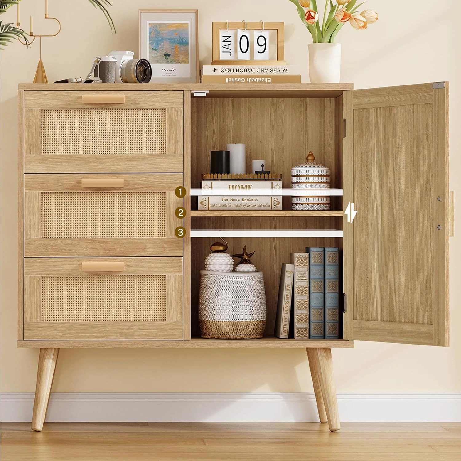 Storage Cabinet with Adjustable Shelf, Rattan Cabinet with 3 Drawers, Freestanding Floor Storage Unit for Living Room, Home Office, Entryway, Natural
