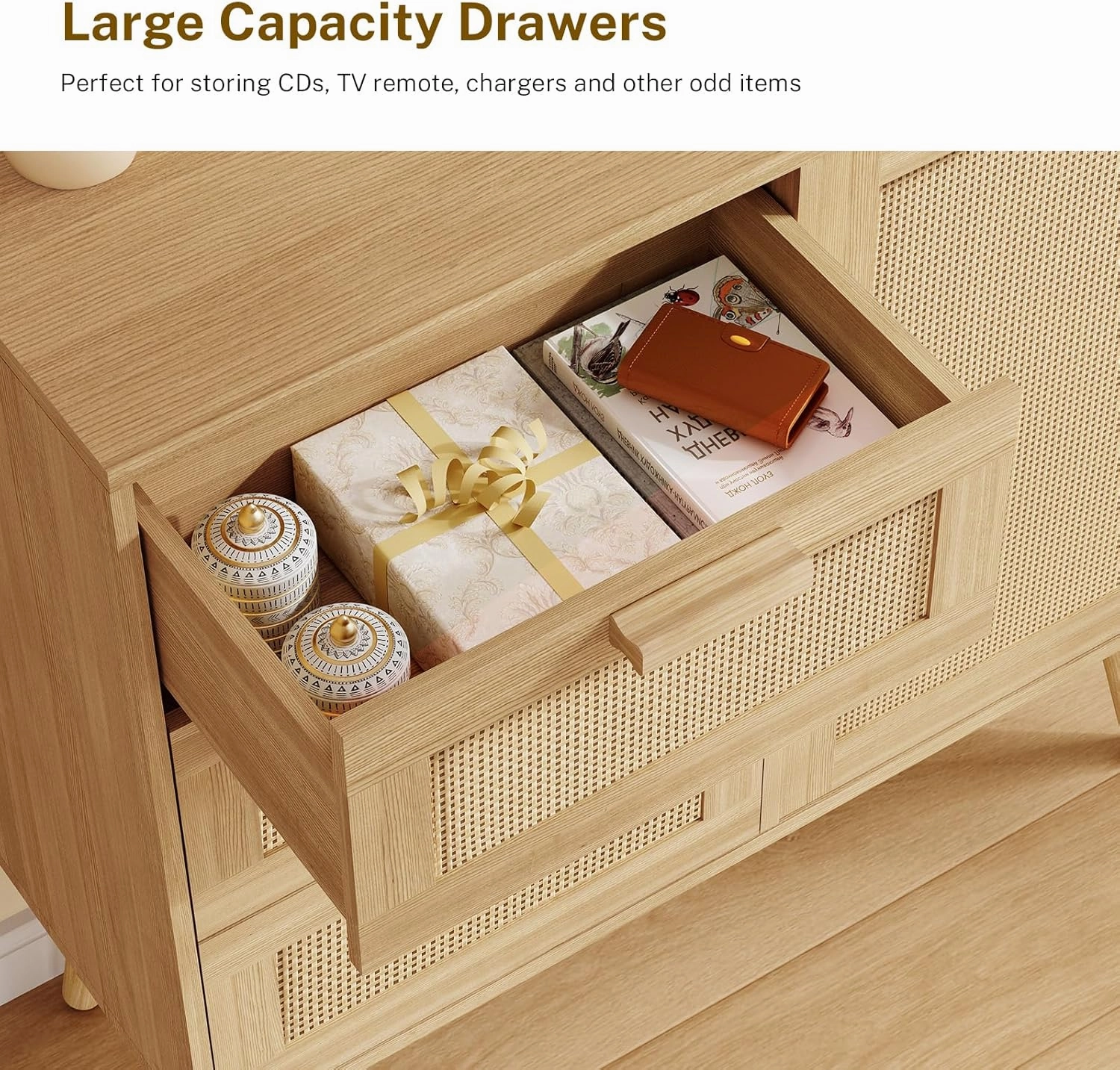 Storage Cabinet with Adjustable Shelf, Rattan Cabinet with 3 Drawers, Freestanding Floor Storage Unit for Living Room, Home Office, Entryway, Natural