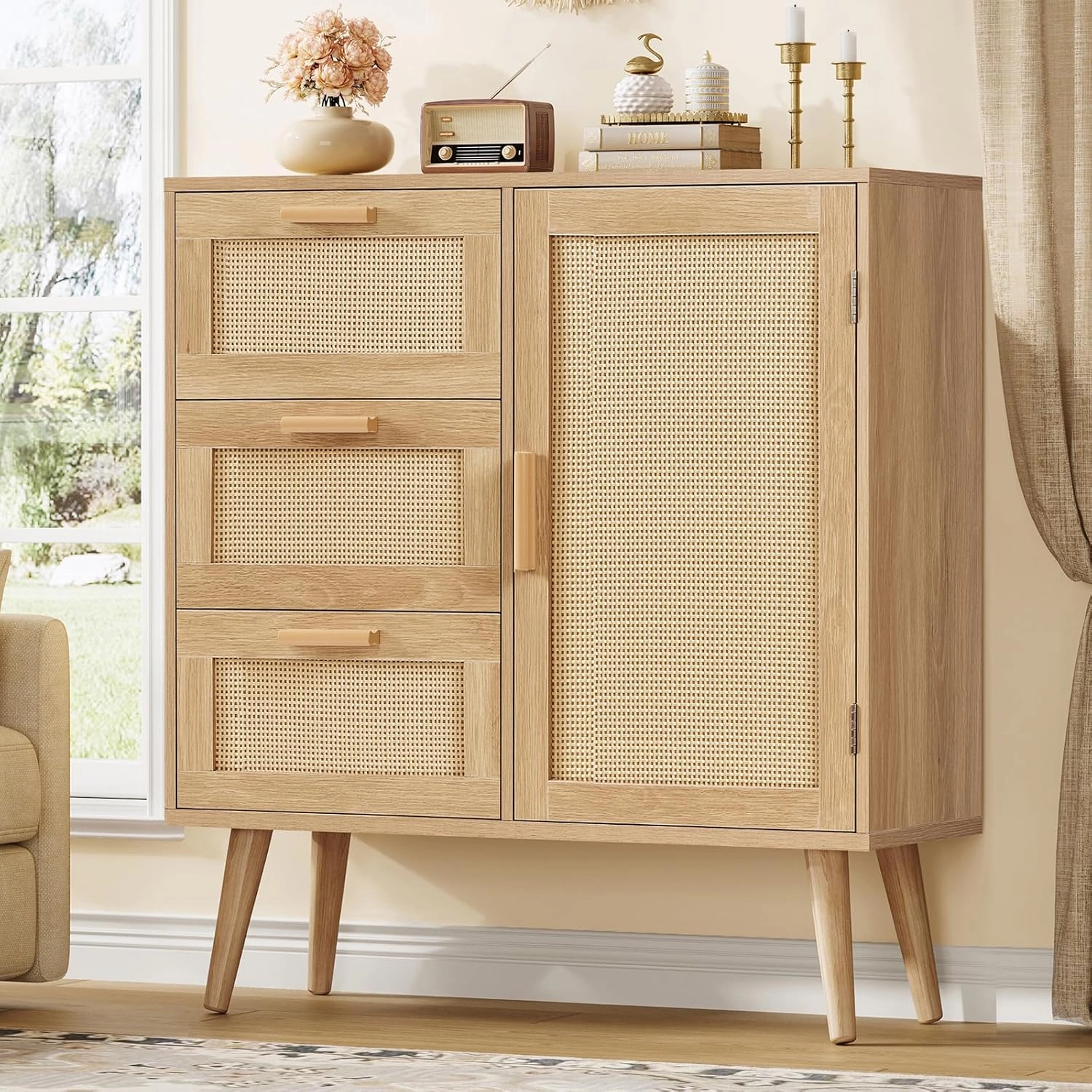 Storage Cabinet with Adjustable Shelf, Rattan Cabinet with 3 Drawers, Freestanding Floor Storage Unit for Living Room, Home Office, Entryway, Natural
