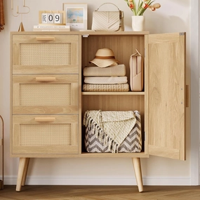 Storage Cabinet with Adjustable Shelf, Rattan Cabinet with 3 Drawers, Freestanding Floor Storage Unit for Living Room, Home Office, Entryway, Natural