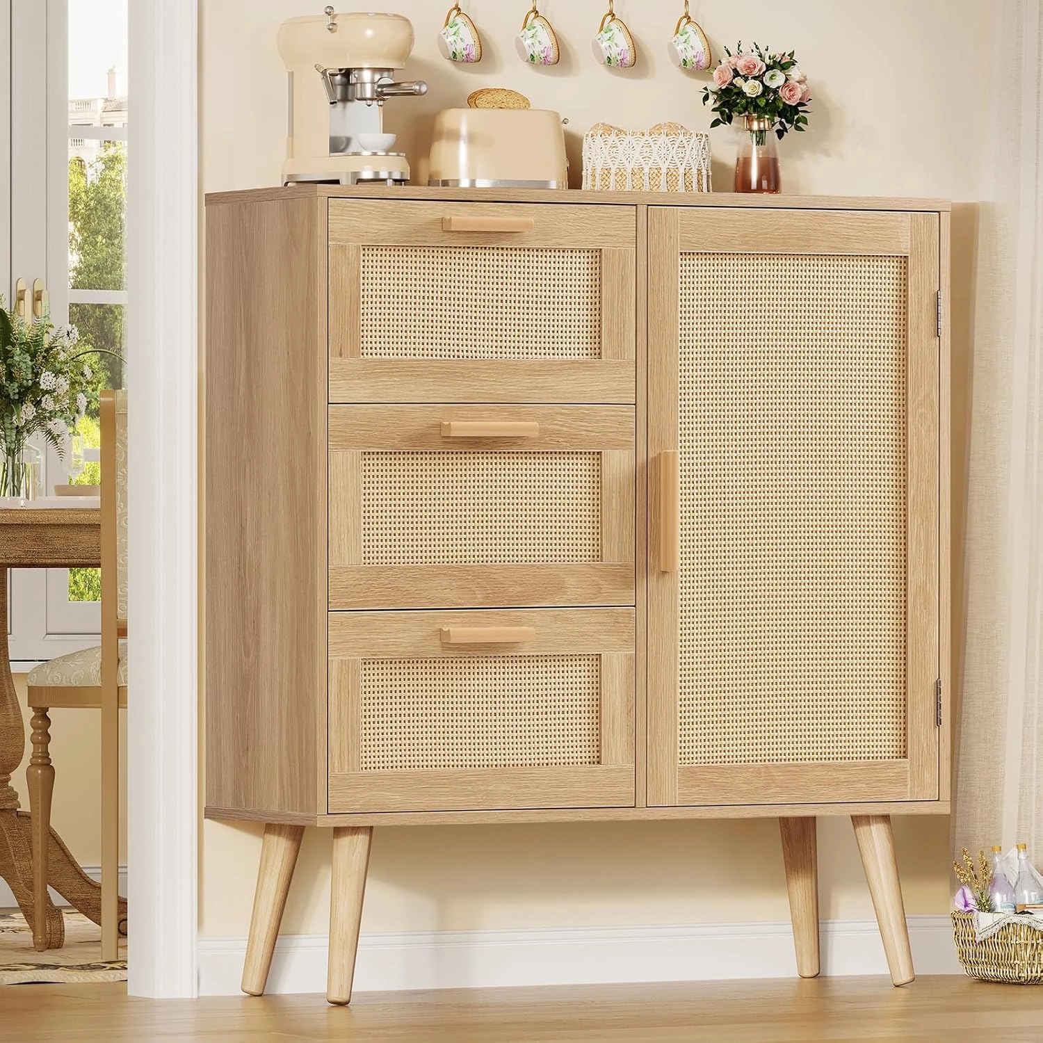 Storage Cabinet with Adjustable Shelf, Rattan Cabinet with 3 Drawers, Freestanding Floor Storage Unit for Living Room, Home Office, Entryway, Natural