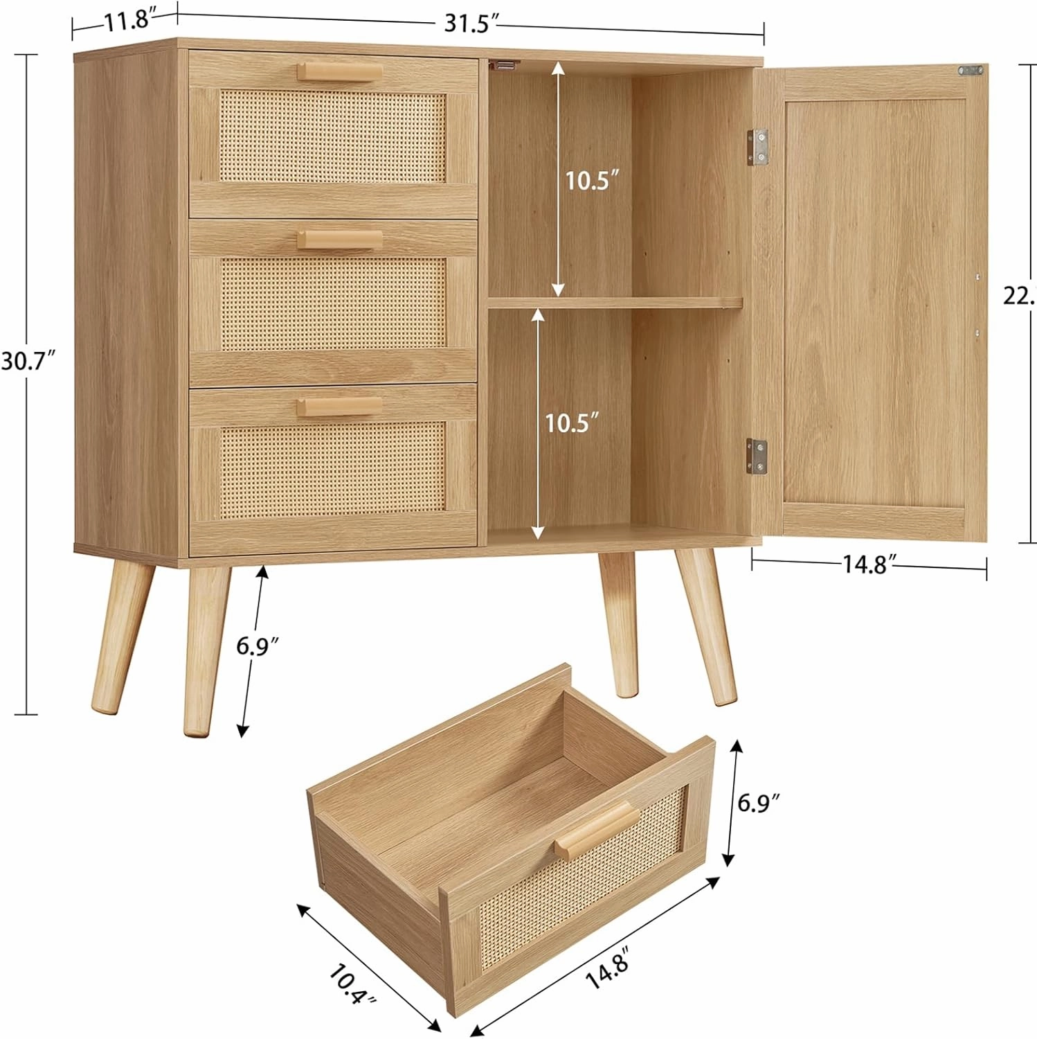 Storage Cabinet with Adjustable Shelf, Rattan Cabinet with 3 Drawers, Freestanding Floor Storage Unit for Living Room, Home Office, Entryway, Natural
